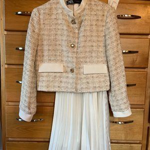 Two-piece ensemble Zara dressy tweed cropped jacket and pleated midi skirt XS